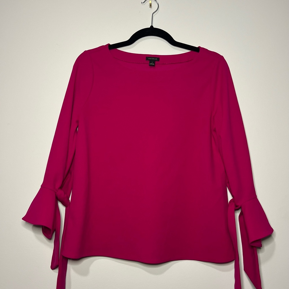 Ann Taylor Raspberry Pink Blouse with Tie Sleeves